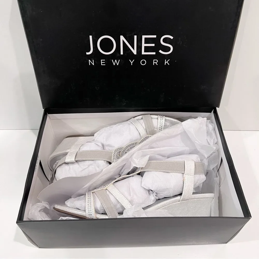 Jones New York Denice Strappy Bling Wedge Sandals Elastic Ankle Silver 7 NEW